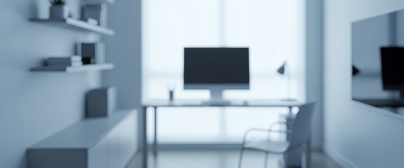 A fully blurred home office with cool daylight, hazy desk shapes, and smooth gradients forming a clean, modern abstract workspace background with soft haze.