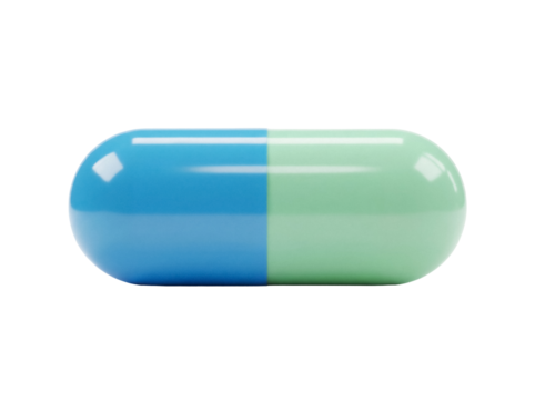 Two-tone capsule pill isolated PNG on transparent background, blue and green medicine for healthcare and pharmaceutical use - Powered by Adobe