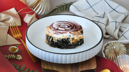 Close up Banoffee Pie on White Plate with Festive Decoration