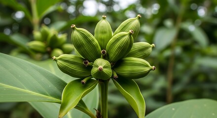 Obraz premium Vibrant Cluster of Unripe Green Tropical Spice Pods in Lush Foliage
