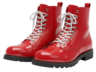 Pair of red leather combat boots with laces isolated PNG, stylish footwear for fashion and casual wear on transparent background