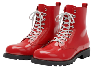 Pair of red leather combat boots with laces isolated PNG, stylish footwear for fashion and casual wear on transparent background