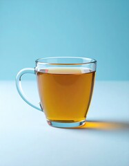 A clear glass mug holds warm amber liquid on a light surface, set against a calm blue background. A subtle golden glow and shadow extend right.