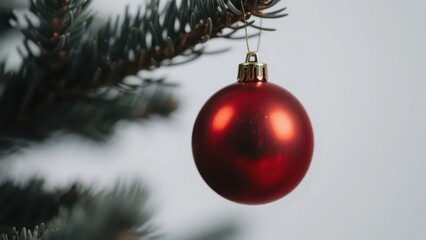 A red Christmas ornament ball hangs from a pine branch, against a light gray background, showing the simple warmth of the holiday, conveying the classic decorative atmosphere of the Christmas season.
