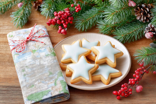Cozy Christmas still life with star-shaped iced cookies on a plate, festive pine branches, red berries and a wrapped cloth napkin. Warm rustic holiday atmosphere, seasonal recipes - Powered by Adobe