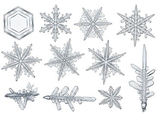 Collection of real snowflakes isolated on white background, macro photography