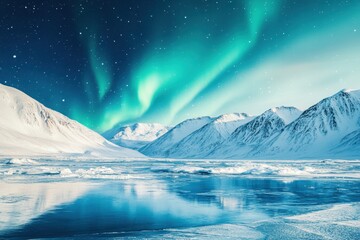 Northern Lights illuminate snowy mountain landscape with icy frozen lake reflecting vibrant green aurora under starry night sky, creating breathtaking winter scene