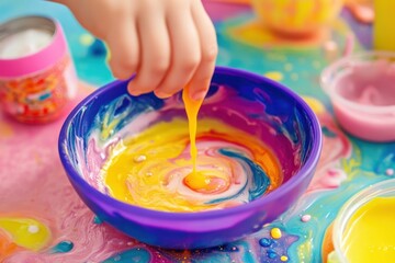 Child hand dipping into colorful bowl of yellow paint with swirls of pink and blue on vibrant surface, creating playful and creative atmosphere
