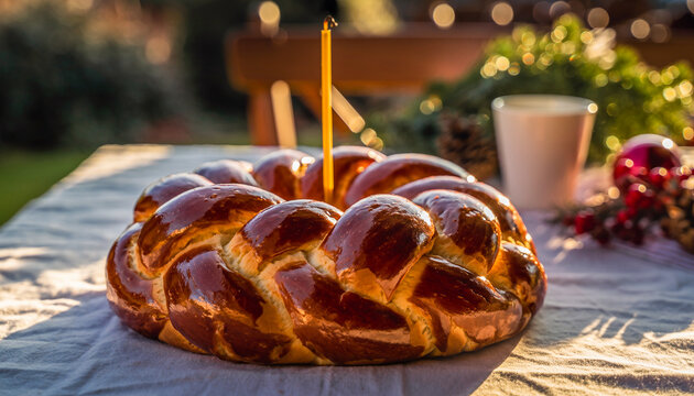 Traditional Braided Christmas Bread Kolach Candle Sunlight