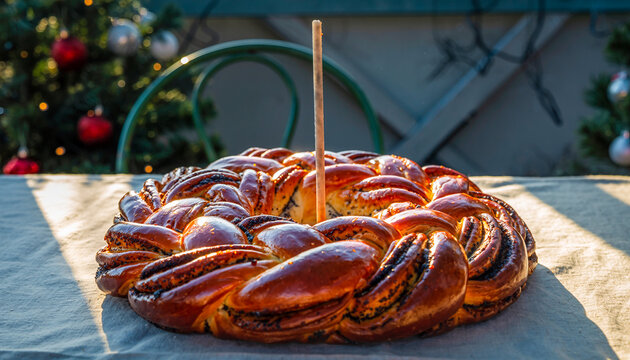 Traditional Braided Christmas Bread Kolach Poppy Seeds Candle