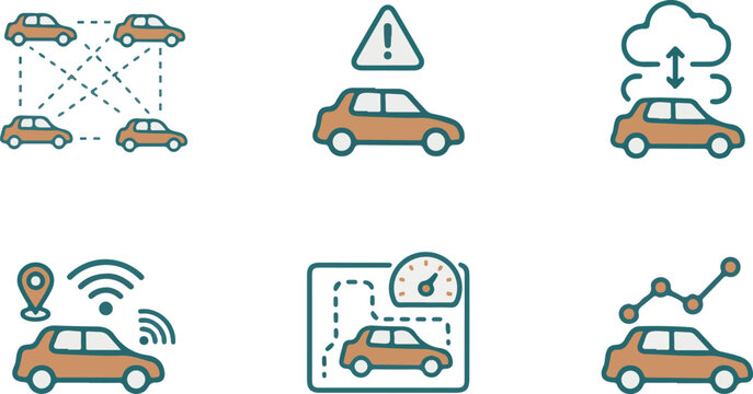Smart car technology icons: connectivity, safety, cloud, gps, navigation, analytics, future vehicles
