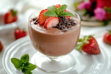 Creamy chocolate mousse dessert topped with fresh strawberry slices, chocolate shavings, and sprig of mint, served in clear glass on white plate with scattered strawberries and mint leaves