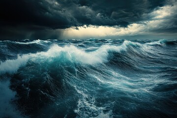 Stormy ocean waves under dark dramatic clouds with turbulent water and intense atmosphere creating powerful and moody seascape scene