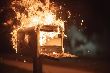 Burning Mailbox at Night with Flames and Sparks Creating Dramatic Scene.
