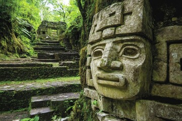 Ancient stone face carving on moss covered wall near old stone steps leading to small temple structure surrounded by dense green jungle foliage in mysterious archaeological site