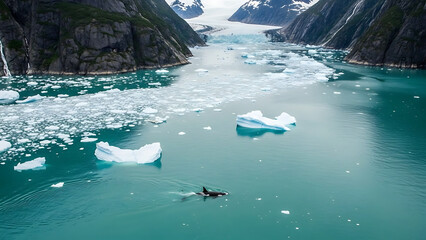 A serene winter landscape features a majestic blue glacier waterfall cascading into a cold mountain lagoon under a cloudy sky near the icy ocean wave