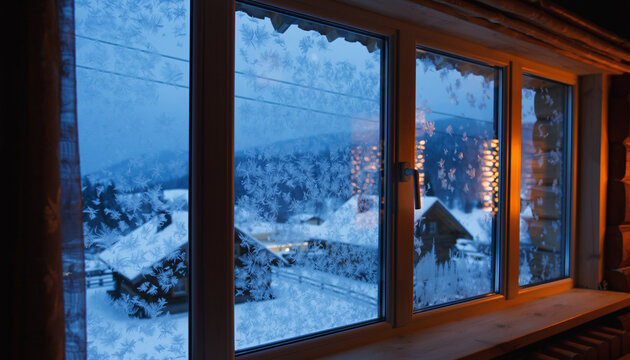 Cozy cabin window with frosty glass overlooking snowy village and blue winter evening before Orthodox Christmas - Powered by Adobe
