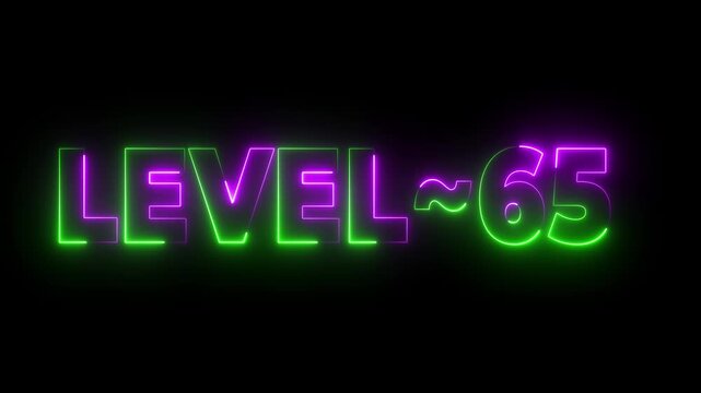 Neon Level 65 Text Animation Purple Green Glow Black Background Gaming Achievement Progress video - Powered by Adobe