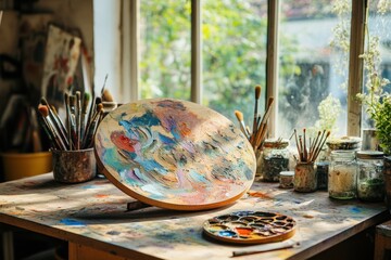 Wooden artist palette with colorful swirls of paint sits on paint splattered table surrounded by jars and brushes in sunlit art studio filled with creative energy