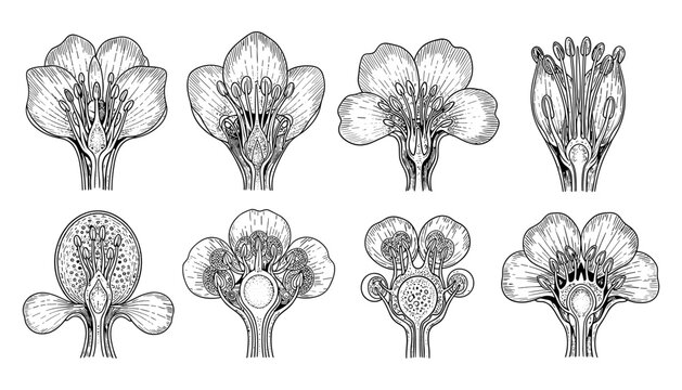 Detailed botanical flower cross-sections in classic engraving style
