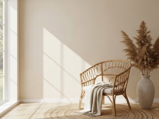 Interior design of living room with rattan armchair and pampas grass