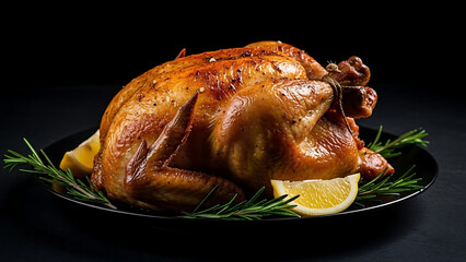 roasted chicken on a plate, Perfectly Roasted Whole Chicken on Black Background	