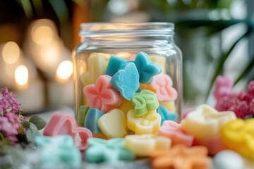Colorful wax melts in various shapes including flowers and butterflies displayed in glass jar surrounded by soft candlelight and floral decorations creating cozy atmosphere