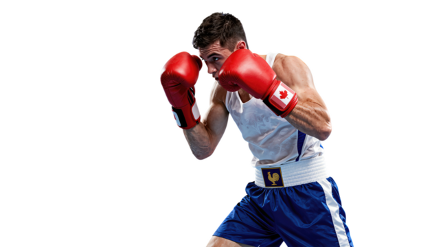 Boxer in Red Gloves and Blue Shorts Throwing a Punch