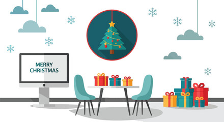 A festive christmas scene with gifts and a decorated tree illustration
