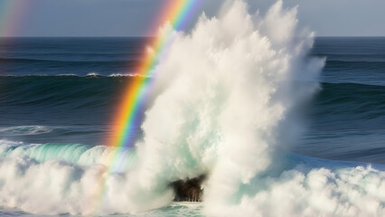 Rainbow Appearing in Spray of Massive Crashing Ocean Wave