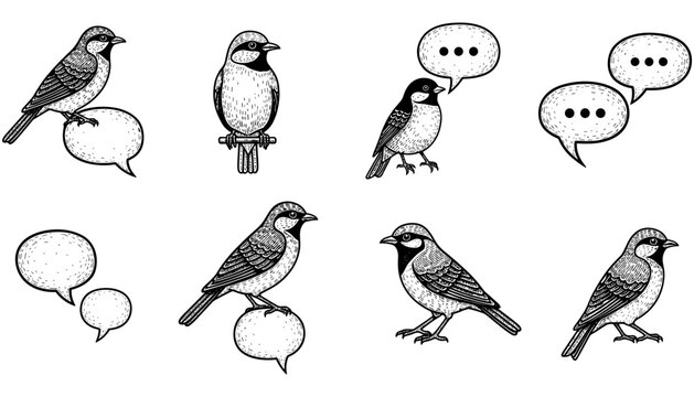 Hand drawn birds with speech bubbles: vintage ink art