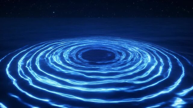 Ethereal glowing blue concentric circles on dark water under a starry night sky abstract