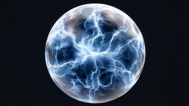 Electric energy sphere glowing blue with lightning plasma orb. electrified glass orb filaments and mysterious futuristic energy sphere radiating