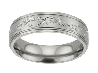 Silver wedding band with floral engraving isolated PNG, elegant ring for marriage ceremony on transparent background
