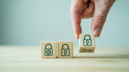 Hand placing wooden cube with lock and key icons on table security access