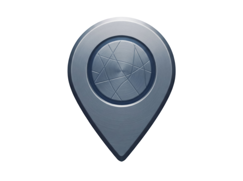 Metallic map pointer isolated PNG on transparent background, location pin for navigation and travel apps, modern design element