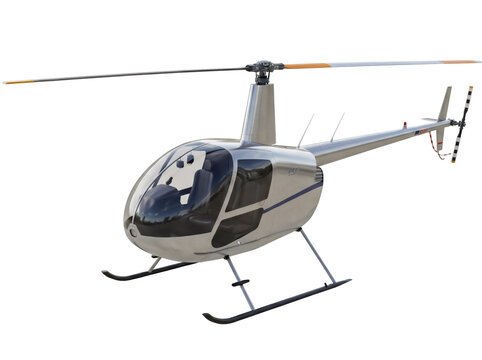 Silver Robinson R44 helicopter PNG isolated on transparent background, light general aviation aircraft for private transport and tourism