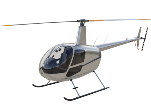 Silver Robinson R44 helicopter PNG isolated on transparent background, light general aviation aircraft for private transport and tourism