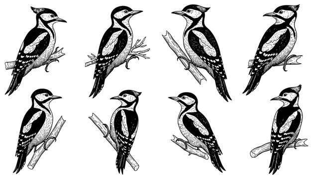 Woodpecker pattern in black and white engraving style on white background