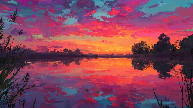 Vibrant sunset reflects on calm water with colorful clouds and silhouettes of trees by the shore