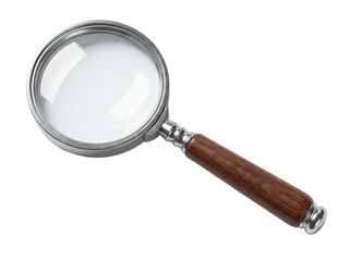 Magnifying glass with wooden handle isolated PNG on transparent background, vintage style loupe for reading and inspection