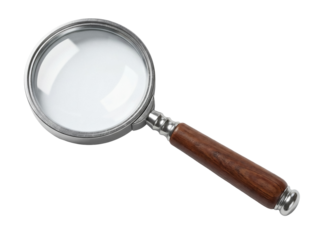 Magnifying glass with wooden handle isolated PNG on transparent background, vintage style loupe for reading and inspection