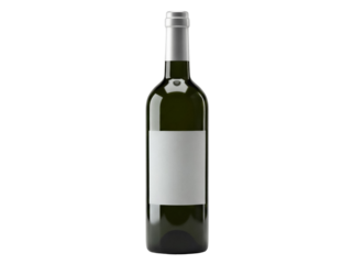 Elegant dark green wine bottle isolated PNG on transparent background, blank label for branding and product presentation