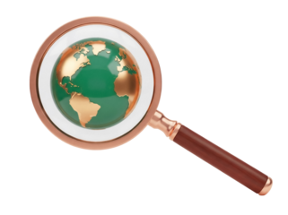 Green and gold globe under magnifying glass isolated PNG, world exploration and discovery concept for education and travel themes