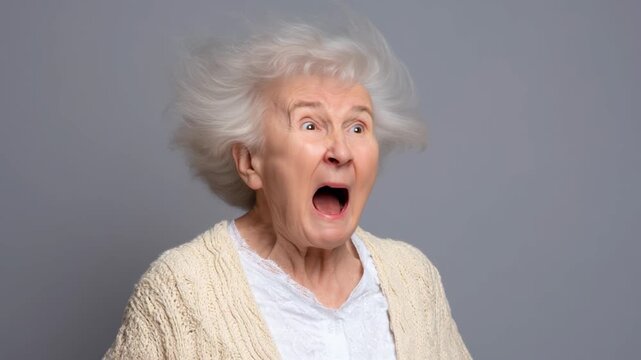 Elderly woman surprised open mouth expression shouting neutral studio setting and surprised with open mouth and white hair shock expression neutral