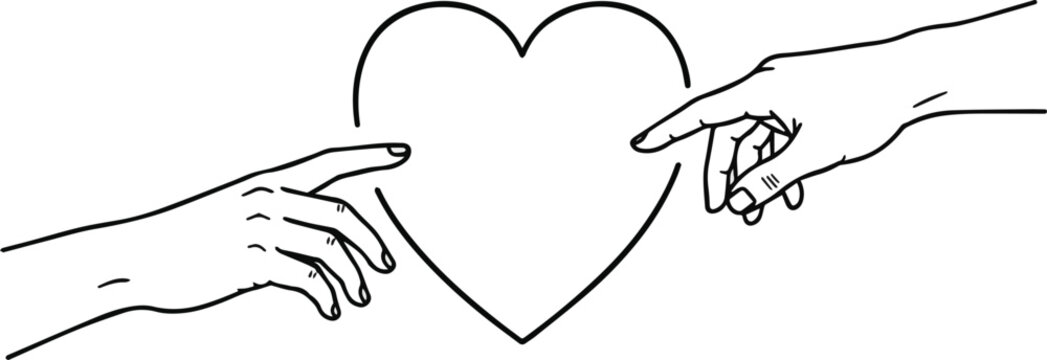 Isolated a Black minimal line art illustration of heart between reaching hands, self-care, mental health, therapy, meditation, wellness symbol vector art with white background..