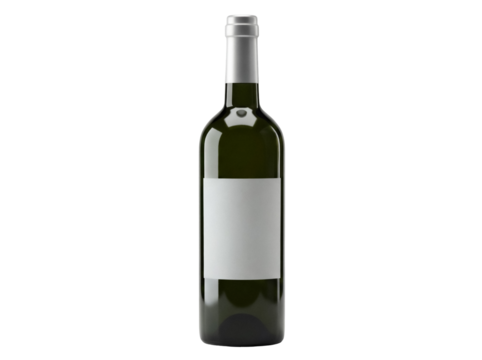 Elegant dark green wine bottle isolated PNG on transparent background, blank label for branding and product presentation