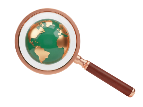 Green and gold globe under magnifying glass isolated PNG, world exploration and discovery concept for education and travel themes