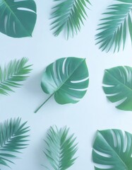 Fresh green monstera leaves and slender palm fronds create a vibrant tropical pattern on a soft white backdrop. Natural beauty.