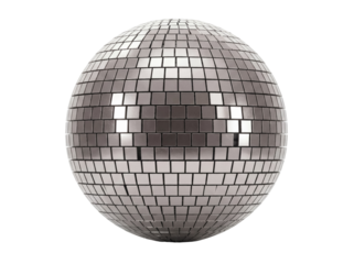 Shiny disco ball isolated PNG on transparent background, mirror ball for party, dance, celebration, and entertainment events, retro and vintage style